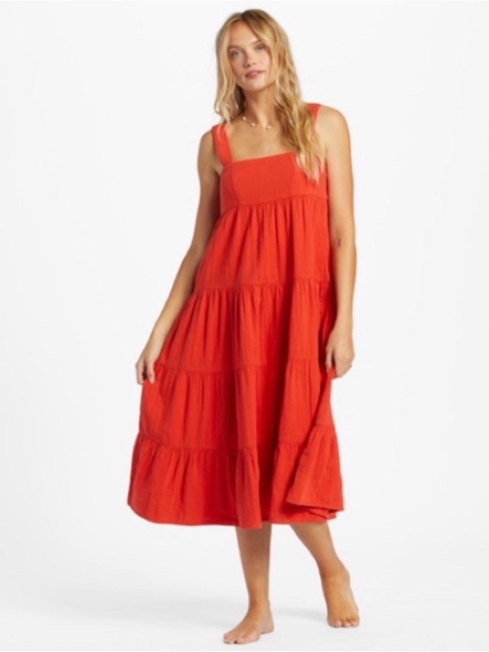 Billabong Linda Tiered Square-Neck Midi Dress Red Orange